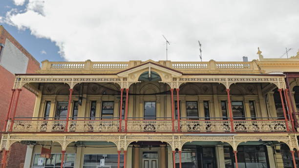 istock Mid-Victorian heritage building from AD1872 with elaborate cast iron verandah and balustrade parapet, Lydiard Street. Ballarat-Ausralia-875+ 1640775577