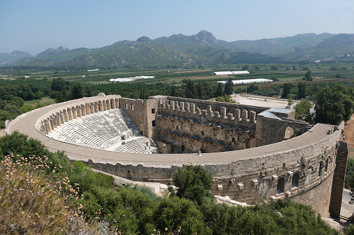 Aspendos ancient theater aerial view. Antalya, Türkiye - August 2023