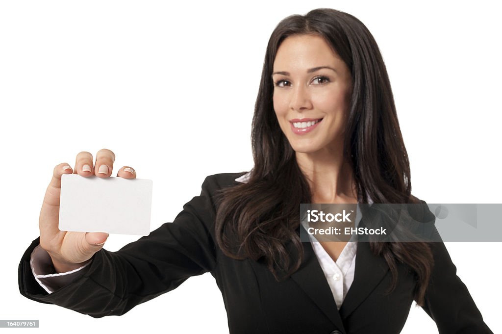 自信を持つビジネスウーマンの空白のクレジットカードで分離白背景 - 1人のロイヤリティフリーストックフォト