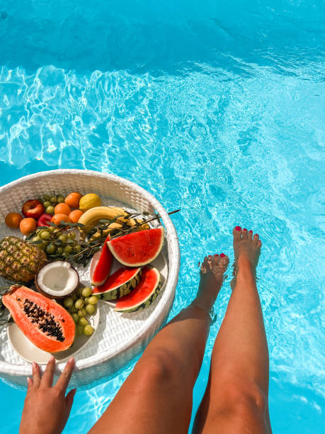 istock Sitting at swimming pool with floating Breakfast tray and exotic fruit 1640818257