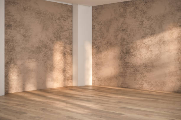 istock Empty room interior background, brown stucco wall, white wall, wooden floor 3d rendering 1640823504