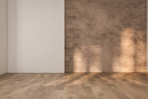 istock Empty room interior background, brown stucco wall, white wall, wooden floor 3d rendering 1640829291