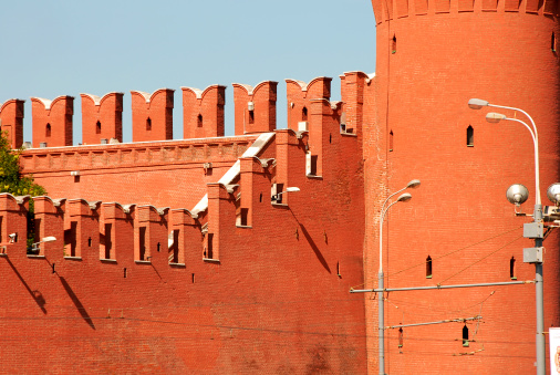 Kremlin red brick wall and tower fragment, Moscow, Russia