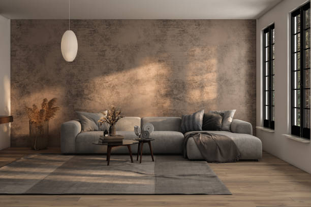 istock Empty room interior background, brown stucco wall, white wall, window and wooden floor 1640842434