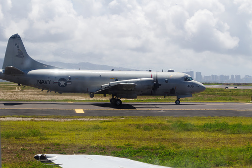 ZARAGOZA, SPAIN - MAY 20,2016: French Navy E-2C Hawkeye airborne early warning (AEW) plane on the tarmac of Zaragoza airbase.