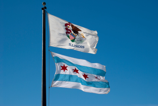 The Flag of the State of Illinois  and the municipal flag of the city of Chicago(below)