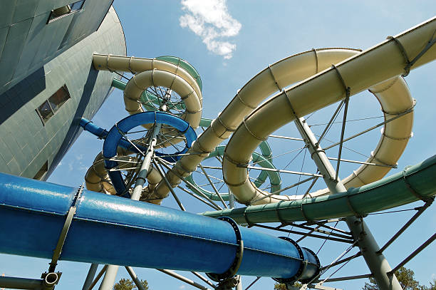 istock Waterpark from outside, waterslides visible 164089274