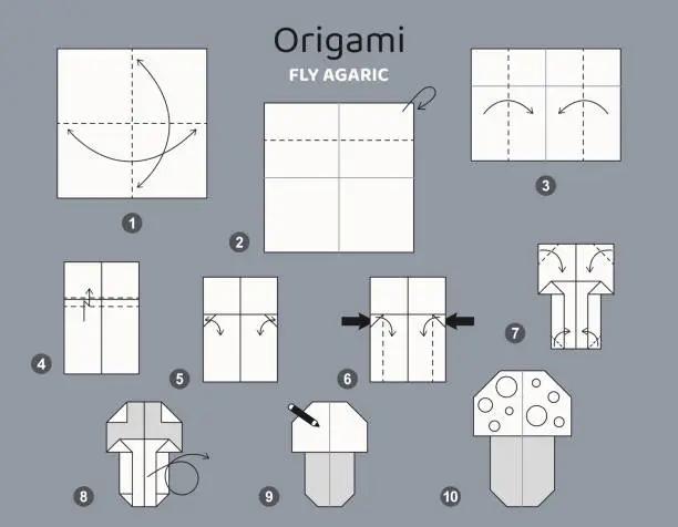 Vector illustration of fly agaric origami scheme tutorial moving model.