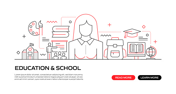 EDUCATION AND SCHOOL Web Banner with Linear Icons, Trendy Linear Style Vector