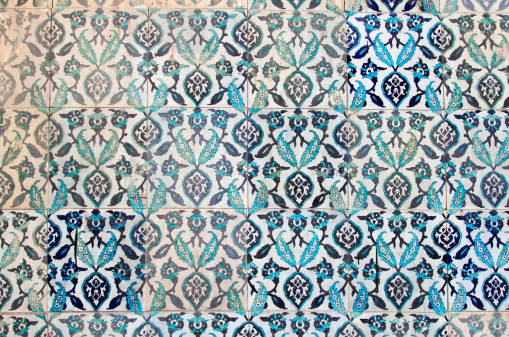 Close up of blue and white tile pattern background in Fez, Morocco, North Africa.