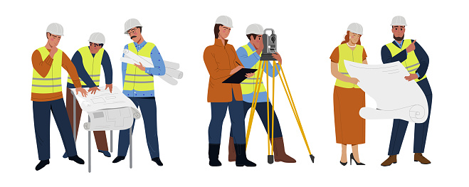 Builders team set. Surveyors and engineers in protective helmets with equipment and theodolite. Employees discuss construction business project. Cartoon flat vector isolated on white background