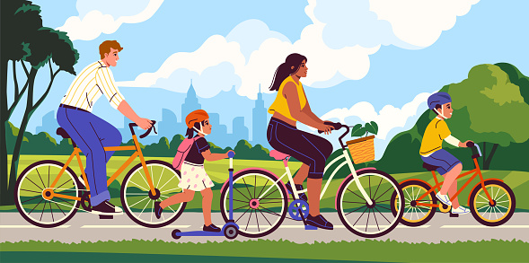 Family rides bike and scooter poster. Banner with green city park and characters on active sports. Parents and kids spend time together and enjoy healthy lifestyle. Cartoon flat vector illustration