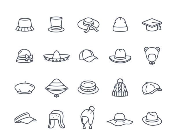 Doodle hats and caps icons set. Outline hats with baseball cap and sun vizor, children pans and berets, summer panama and gentleman bowler. Linear flat vector collection isolated on white background