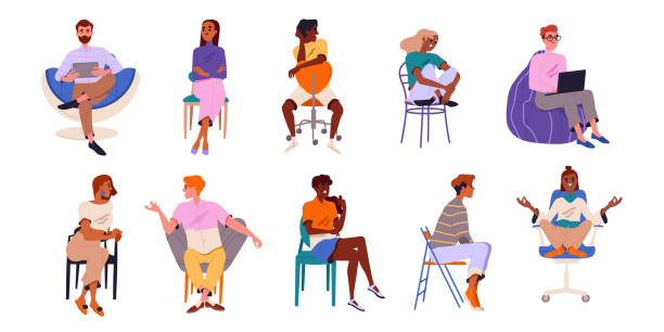 People sitting on different chairs vector People sitting on different chairs. Character variations in lotus position talking. Smiling men and women on stools and armchairs. Cartoon flat vector collection isolated on white background woman sitting cross legged in chair stock illustrations