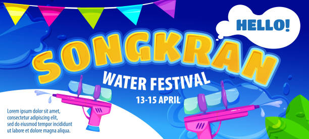 ilustraciones, imágenes clip art, dibujos animados e iconos de stock de vector de banner del festival del agua de songkran - swimwear vector non urban scene text