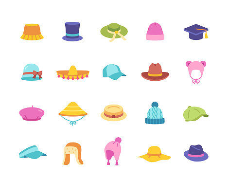 Doodle hats and caps icons set. Colorful stickers with headdress and headgear, summer visor, gentleman bowler and beret, vintage fedora and beanie. Cartoon flat vector isolated on white background