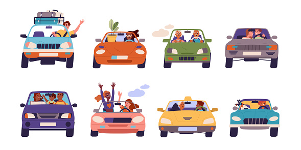 People drive car set. Smiling characters on vehicle journey. Trip, road and transport. Couple and family with kid, man with dog and elderly driving. Cartoon flat vector isolated on white background