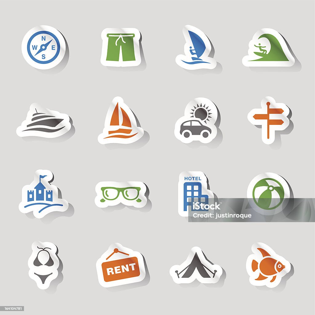 Stickers - Vacation and Travel Icons Vector illustration, can be used at any size. Each icon is available in 4 colors (green, orange, blue and gray). Shadows could be easily moved or deleted. Files included: Vector EPS 10,  HD JPEG 5000 x 5000 px Beach stock vector