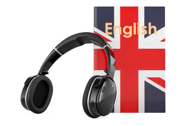 istock English language textbook with headphones. Learn English language, classes. 3D rendering 1641052069