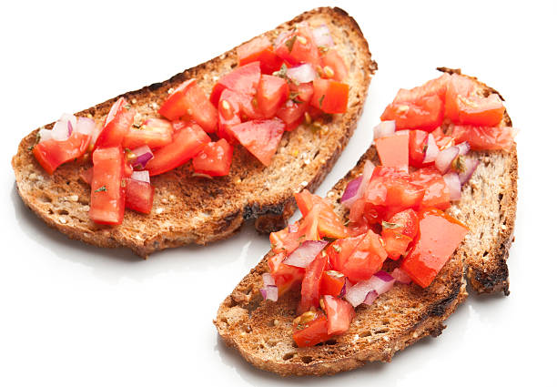 istock Bruschetta with tomato and onion on dark wheat toasted bread 164105248