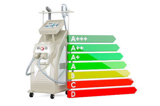 Professional Laser Tattoo Removal Machine with energy efficiency chart. 3D rendering isolated on white background