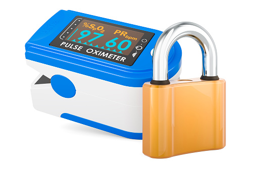 Portable Pulse Oximetry, pulse oximeter fingertip with padlock, 3D rendering isolated on white background