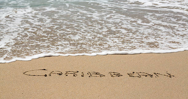 istock Caribbean written in sand with sea surf 164106802