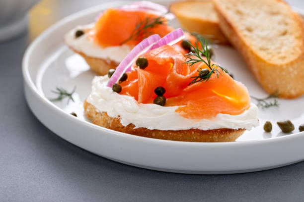 istock Salmon and cream cheese bruschetta with dill and capers 1641083775