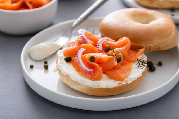 istock Plain bagel with salmon and cream cheese with fresh dill and capers 1641083783