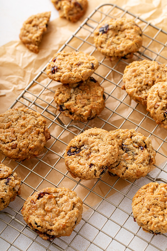 Healthy breakfast cookies with oatmeal, pecans and dried cranberry