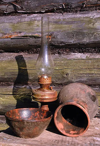 Betty lamp, jug and bowl in the background of old log-house.