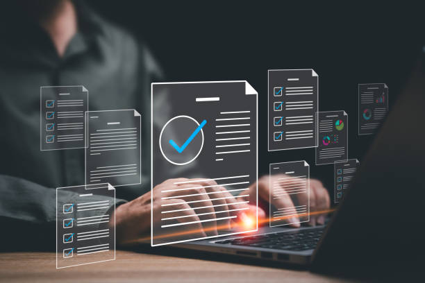 istock Business document management and checklist work performance concept, Businessman use laptop  manage documents online compare statistical data and data checklist, Business development grow 1641108540