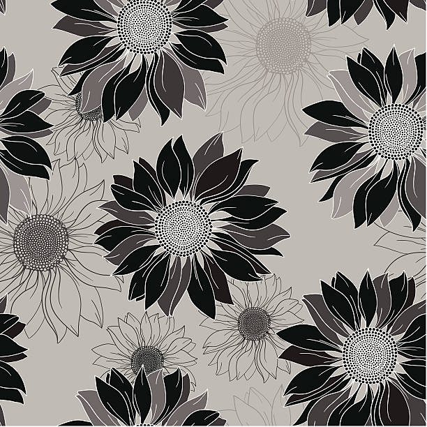 vector monochrome seamless pattern from small sunflowers vector art illustration