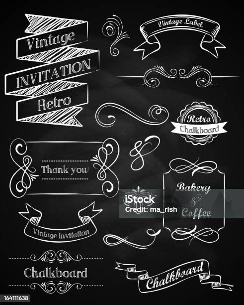 Chalkboard Vintage Elements And Ribbons Stock Illustration - Download Image Now - Chalkboard - Visual Aid, Drawing - Art Product, Frame - Border