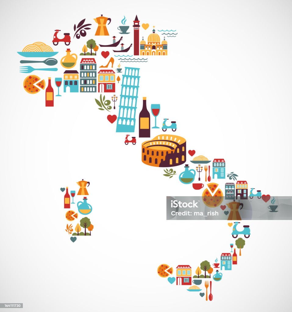Italy map with vector icons Italy map with vector icons  and elements Food stock vector