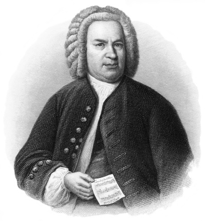 Antique engraved portrait of Johann Sebastian Bach. Mid nineteenth-century engraving and print by Weger in Leipzig, after painting by Hausmann of 1735. Isolated on white. Paper indentations within the image were not removed in order to preserve the tone dynamics.