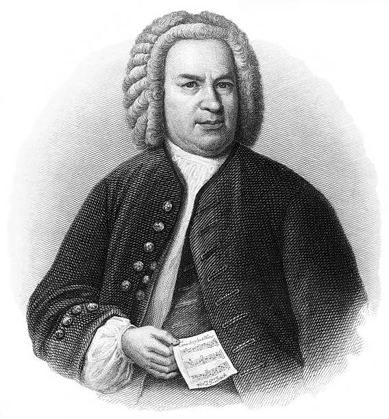 J.S. Bach - Antique Engraved Portrait Antique engraved portrait of Johann Sebastian Bach. Mid nineteenth-century engraving and print by Weger in Leipzig, after painting by Hausmann of 1735. Isolated on white. Paper indentations within the image were not removed in order to preserve the tone dynamics. composer stock illustrations