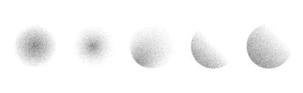 Vector illustration of Circles noise texture dotwork grain. Pointillism gradient pattern. Radial stochastic grange texture. Dotwork stipple halftone effect for tattoo. Dotted sphere, stipple element. Vector background