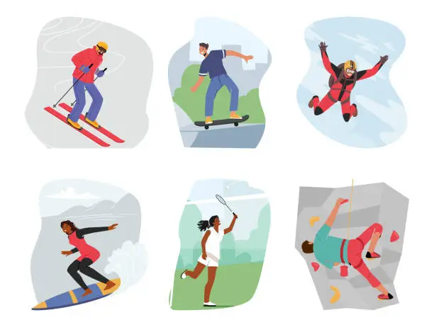 Vector illustration of Set Of Male And Female Characters Engage In Extreme Vacation. Men And Women Skiing, Skydiving, Riding Longboard