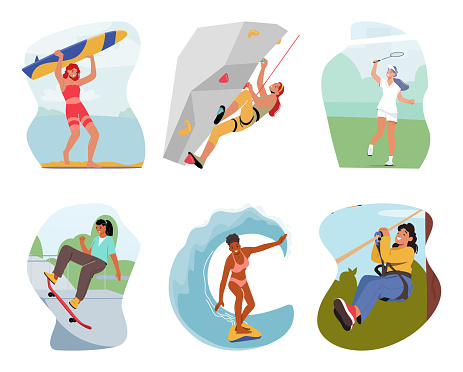 Set Of Female Characters Engage In Extreme Sport or Vacation Activities. Young Women Riding Longboard And Surf Board, Playing Tennis And Climbing Rocks. Cartoon People Vector Illustration