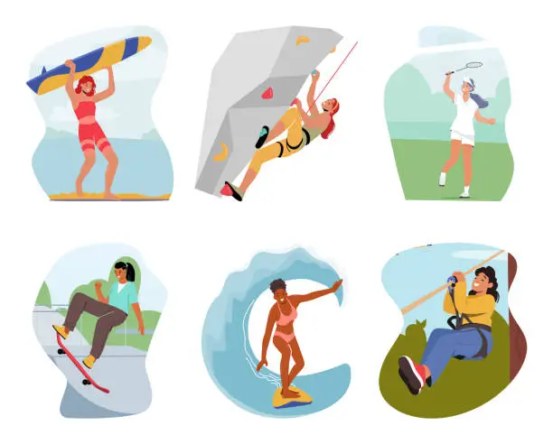 Vector illustration of Set Of Female Characters Engage In Extreme Sport Or Vacation Activities. Young Women Riding Longboard And Surf Board