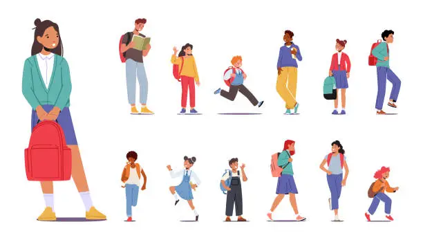 Vector illustration of Set Of Eager Student Characters With Backpacks Slung Over Shoulders, Bustling Through Halls, Ready To Learn And Explore