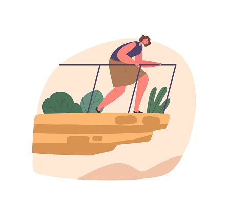 Female Character with Acrophobia, Woman Afraids of Height Experiences Intense Fear on the Edge of Abyss, Leading To Anxiety, Rapid Heart Rate And Avoidance Behavior. Cartoon People Vector Illustration