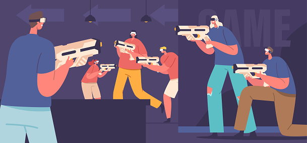 People in the Immersive Vr Team Game With Guns, Fight in Intense Battle In Virtual World. Players Strategize, Cooperate In Gameplay For An Adrenaline-pumping Experience. Cartoon Vector Illustration