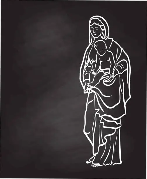 Vector illustration of Christianity Statue Virgin Marie Blackboard