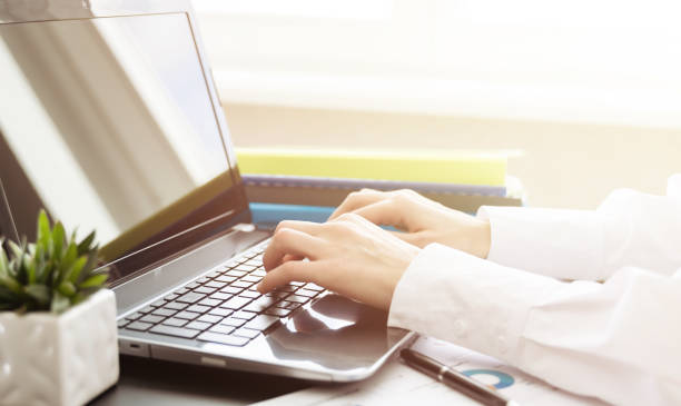 istock Close up image female hands typing on laptop keyboard. Businesswoman text response to client e-mail, customer buy on-line using web shop services. Internet and modern wireless technology usage concept 1641137151