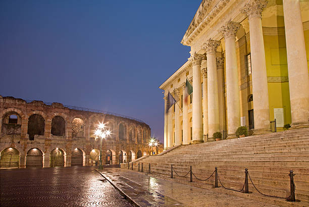 Verona - Arena and Comune di Verona neo classical building in dusk