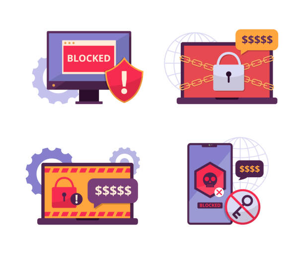Ransomware Attack Computer and Digital Device for Cyber Crime Concept Illustration Ransomware attack computer and mobile phones for cyber crime concept illustration computer settings screen stock illustrations