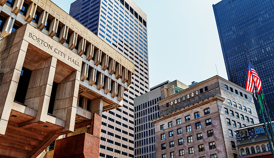 Boston, Massachusetts, USA - August 20, 2023: The Boston City Hall building is the seat of city government of Boston, Massachusetts. It includes the offices of the mayor of Boston and the Boston City Council. The current hall was built in 1968. to assume the functions of the Old City Hall. The City Hall is part of the Government Center complex.