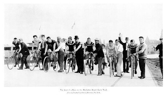 A bicycle race on the Manhattan Beach Cycle Track in 1898. (In 2023, Kingsborough Community College is now in that location.) Engraving published 1896. Original edition is from my own archives. Copyright has expired and is in Public Domain.